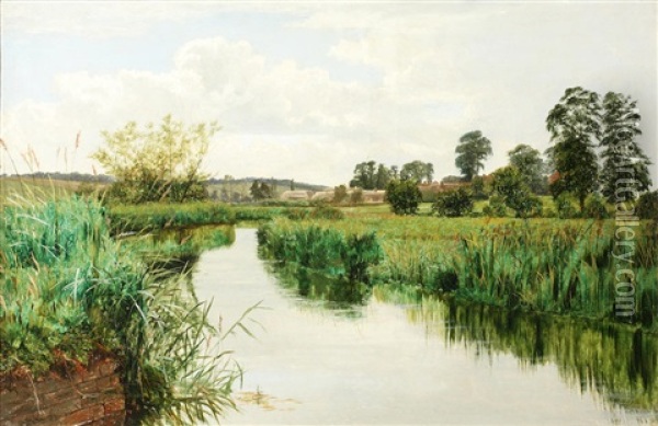 River Landscape With Buildings In The Background Oil Painting - Henry John Kinnaird