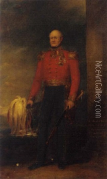 Portrait Of General Sir Arthur Clifton In Uniform, Holding A Plumed Hat In His Right Hand And A Sword In His Left, In A Landscape Oil Painting - William Salter