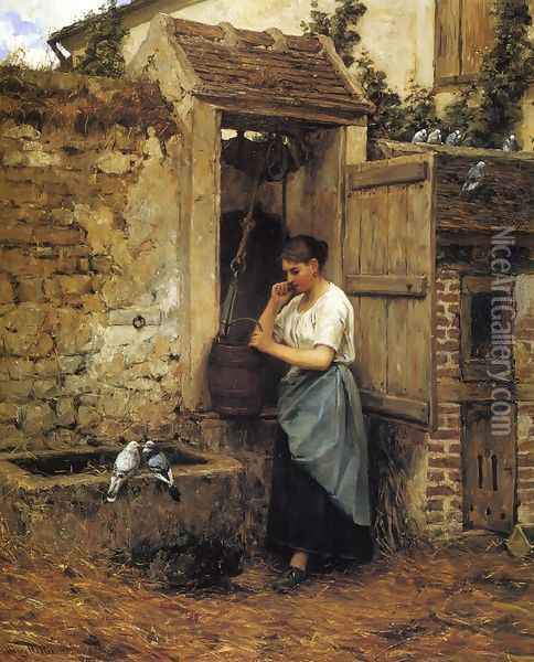 Peasant Girl and Doves Oil Painting - Henry Mosler