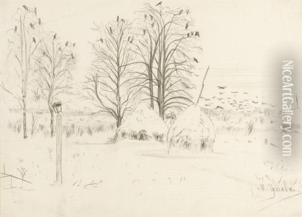 Winter Landscape, Trees And Haystacks Oil Painting - Mikhail Markelovich Guzhavin