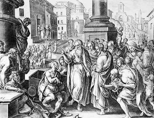 Saints Paul and Barnabas Preaching in Lystra, engraved by P. Galleus Oil Painting - Giovanni Stradano