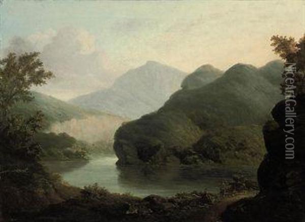 Two Travellers Resting By A Lake, A Mountainous Landscapebeyond Oil Painting - William Henry Crome