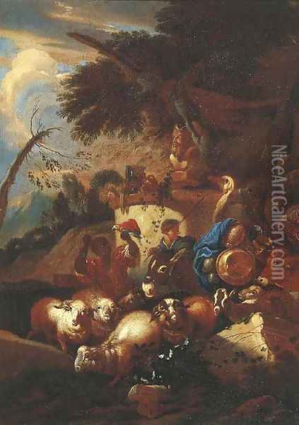 A muleteer with sheep, goats, a cow, an ostrich and a camel by a statue of Pan in an Italianate landscape Oil Painting - Giovanni Battista Castiglione