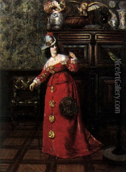 A Lady And Her Parrot Oil Painting - Francois Brunery