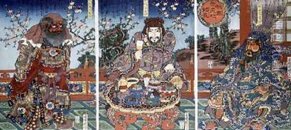 The pledge of loyalty in the peach orchard Oil Painting - Utagawa Kunisada