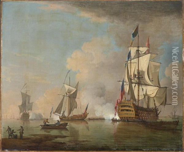 A British Man O' War Firing A Salute In Calm Seas With Other Vessels Oil Painting - Peter Monamy