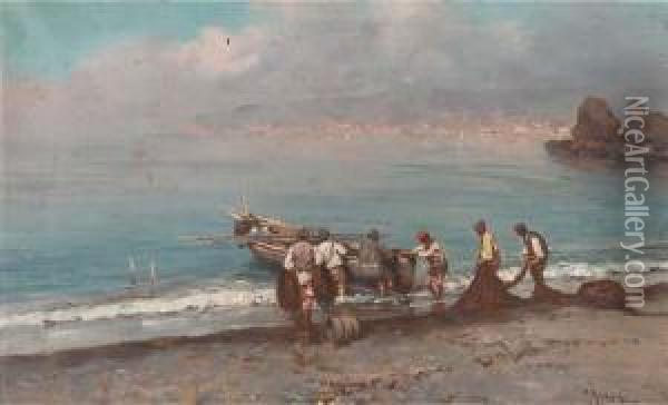 Fishermen Sorting Their Nets On The Neapolitan Coast Oil Painting - Giuseppe Giardiello
