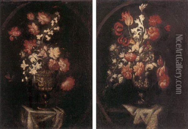 Carnations, Daffodils, Tulips, Irises And Other Flowers In A Sculpted Urn On A Draped Ledge Oil Painting - Bartolome Perez