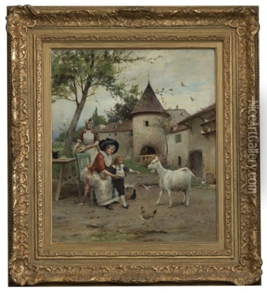 Mother And Son Feeding Goats Oil Painting - Emile Auguste Pinchart