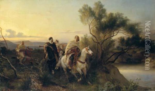 Arab Horsemen Fording A Stream Oil Painting - Henri Felix Emmanuel Philippoteaux
