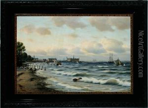 A Danish Coastal Scenery Elsinore Castle In The Background Oil Painting - Carl Johan Neumann