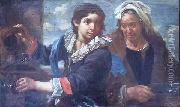 A Young Man and an Old Woman at the Fountain Oil Painting - Bernhardt Keyl