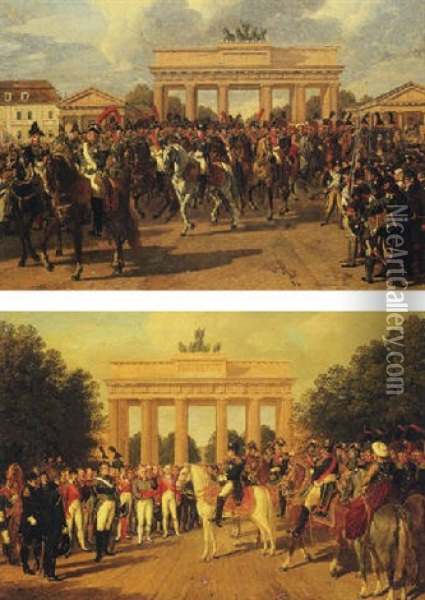 Napoleon Bonaparte, 1st Emperor Of France, Entering The City Of Berlin At The Brandenberg Gate Oil Painting - Heinrich Anton Dahling