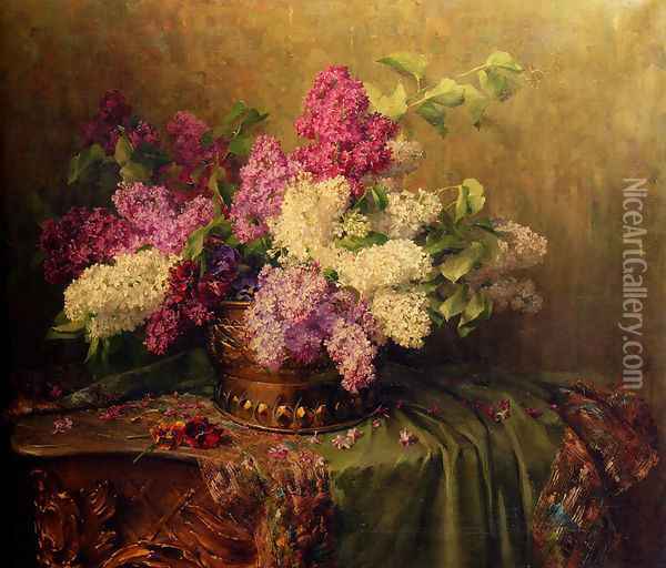 A Still Life With Lilacs And Violets On A Draped Guilt Rococo Table Oil Painting - Clara Von Sivers