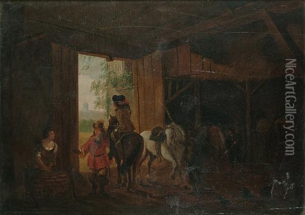 Figures And Horses In A Stable Oil Painting - Pieter Wouwermans or Wouwerman