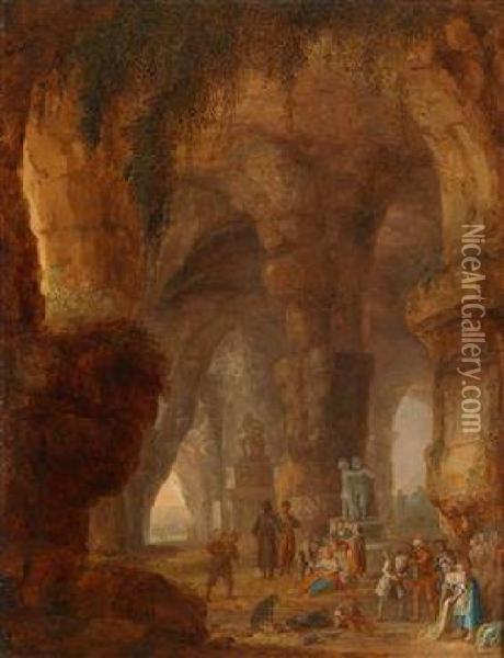 Ein Paar Grottenbilder Mit Eleganterfigurenstaffage Oil Painting - Georg Heinrich Hergenroder