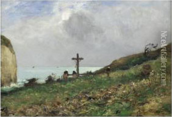 [jean- Baptiste - Antoine 
Guillemet; The Cliff Path At Yport; Oil On Canvas, Signed Lower Right 
And Dated ' 92] Oil Painting - Jean Baptiste Antoine Guillemet
