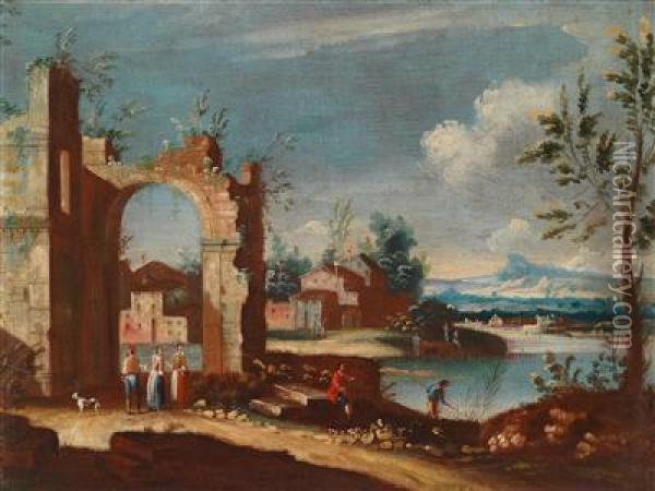 Weite Flusslandschaft Mit Ruinosem Stadttor Oil Painting - Francesco Albotto