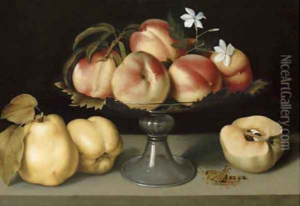 A glass compote with peaches, jasmine flowers, quinces and a grasshopper Oil Painting - Galizia Fede