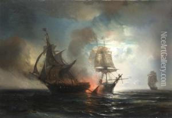 L'attaque D'un Navire Anglais Au Clair De Lune Oil Painting - Jean Antoine Theodore Baron Gudin