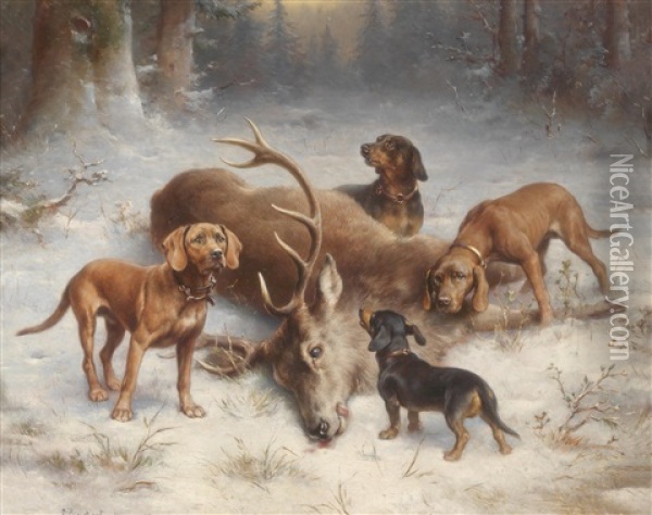 Bloodhounds Beside A Stag After The Hunt Oil Painting - Carl Reichert