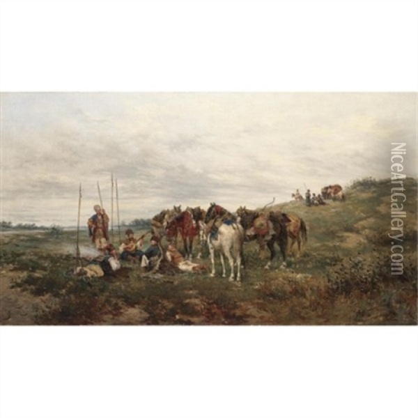 Cossack Encampment Oil Painting - Ludwig Gedlek