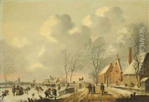 A Frozen Winter Landscape With Skaters Oil Painting - Fredericus Theodorus Renard