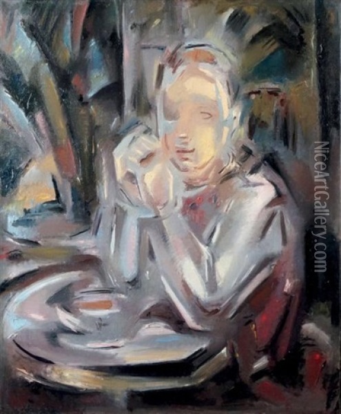 Jeune Fille Assise A Table Face A Une Tasse Oil Painting - Maria Blanchard