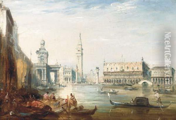 The Grand Canal And The Doges Palace With Figures On The Quay Inthe Foreground Oil Painting - Edward Pritchett