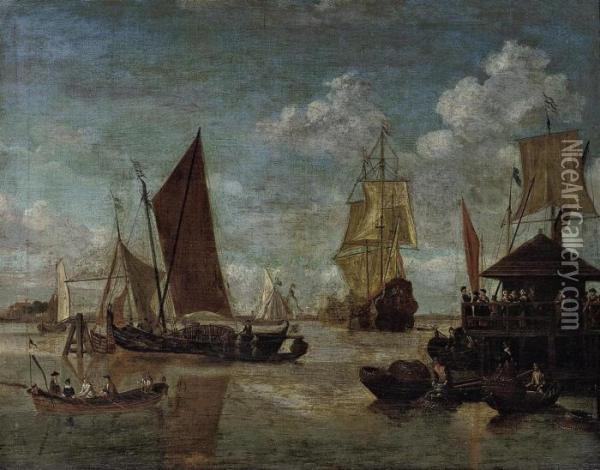 A Dutch Man-o'war Leaving Port 
On A Calm Day With Fishermenunloading Their Pots In The Foreground Oil Painting - Jacobus Storck