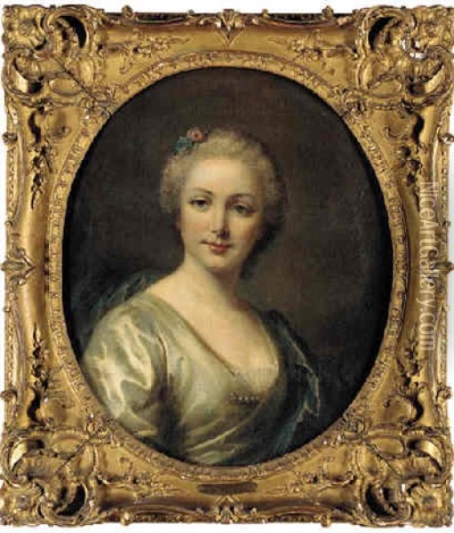 Portrait Of A Lady (antoinette Rioult D'quilly?) In A White Dress, With Flowers In Her Hair Oil Painting - Jean Marc Nattier