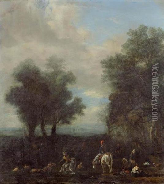 Rastende Reiter An Einem Fluss Mit Baumen. Oil Painting - Pieter Wouwermans or Wouwerman