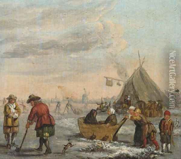 A winter landscape with men playing kolf and children on a sledge Oil Painting - Barent Avercamp