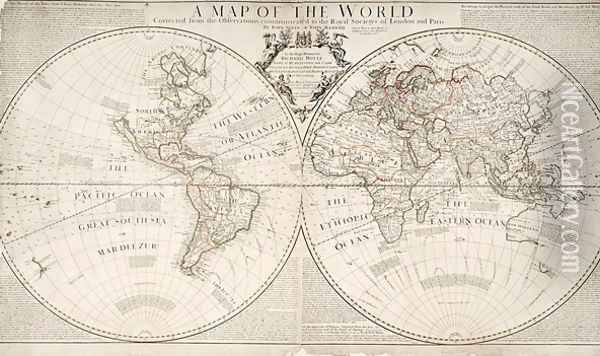 A Map of the World, Corrected from the Observations communicated to the Royal Societys of London and Paris, to the Right Honourable Richard Boyle, 1711 Oil Painting - John Senex