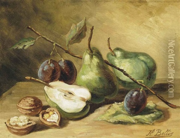 Pears, Plums And Walnuts Oil Painting - Hubert Bellis