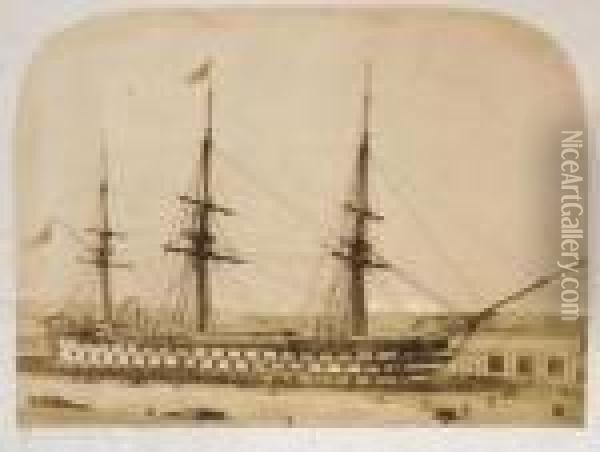 H.m.s. Duke Of Wellington Keyham Dock Oil Painting - Linneaus Tripe