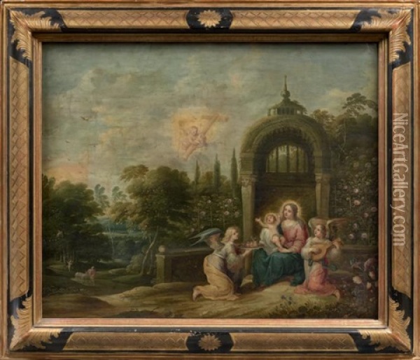 Vierge A L'enfant Entouree D'anges Dans Un Paysage Oil Painting - Pieter Lisaert