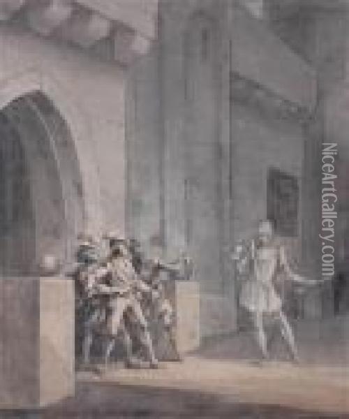 Four Figures In A Castle Interior Oil Painting - Samuel Hieronymus Grimm