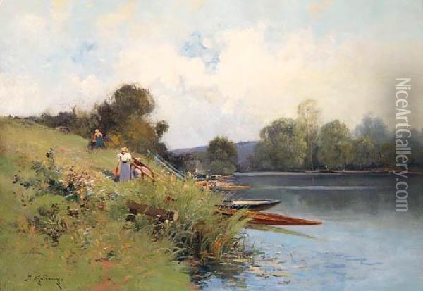 By The Riverside Oil Painting - Eugene Galien-Laloue