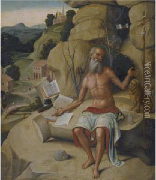 Saint Jerome, Seated On A Rock Before An Extensive Landscape Oil Painting - Marco Palmezzano