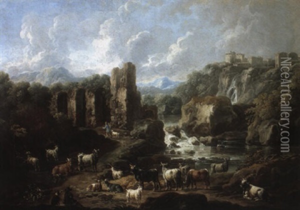 Mountainous Landscape With Cattle And Goats Resting Near A Waterfall Oil Painting - Johann Melchior Roos