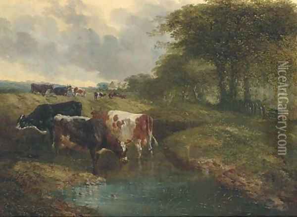 Cattle watering in an extensive landscape Oil Painting - John Frederick Herring Snr