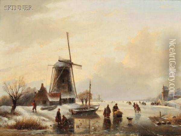 Skaters On A Frozen Pond Oil Painting - Jan Jacob Coenraad Spohler