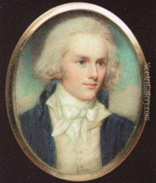 A Young Gentleman, With Powdered Hair, Wearing Blue Coat, Cream Waistcoat And Tied White Cravat Oil Painting - Charles Hayter