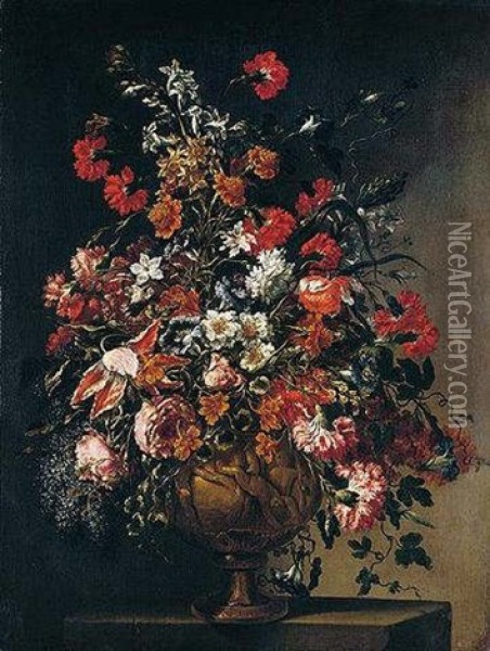 A Still Life Of Various Flowers In An Ormolu Vase With Putti Oil Painting - Mario Nuzzi