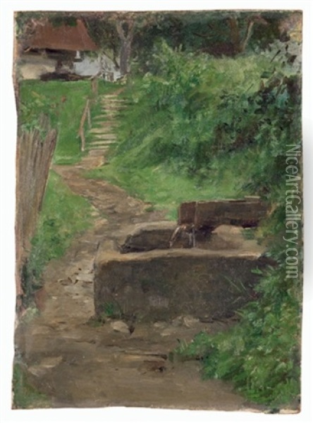 Quelle Mit Brunnentrog Im Garten (preliminary Study For Zwei Kinder Mit Wassereimer) Oil Painting - Albert Anker