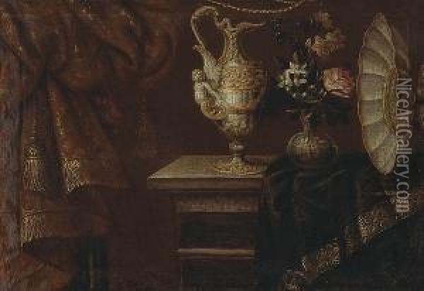 A Still Life With An Ewer, 
Footed Basin And Flowers In A Glass Vase On A Partially Draped Table Oil Painting - Antonio Gianlisi The Younger