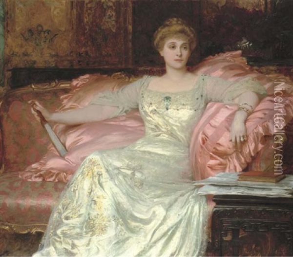 Portrait Of Mrs W.k. D'arcy In An Opulent Interior Oil Painting - Frank Dicksee