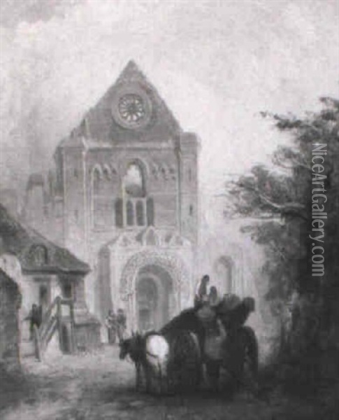 Dorfleben Vor Einer Mittelalterlichen Kathedrale Oil Painting - James Holland