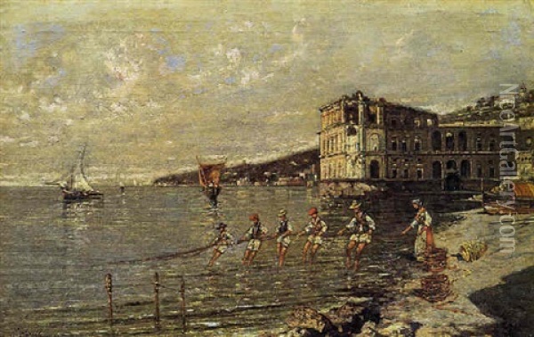 Pescatori Davanti A Palazzo Donn'anna Oil Painting - Giuseppe Carelli